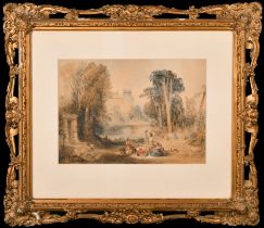 19th Century English School. A Hawking Party, Watercolour, in an ornate gilt composition frame, 12.