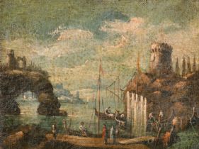 20th Century Italian School. A Capriccio Coastal Scene in the manner of Francesco Guardi, Oil on