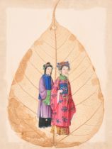 19th-20th Century Chinese School. Study of Figures, Watercolour on a leaf, unframed 8.5" x 5.75" (