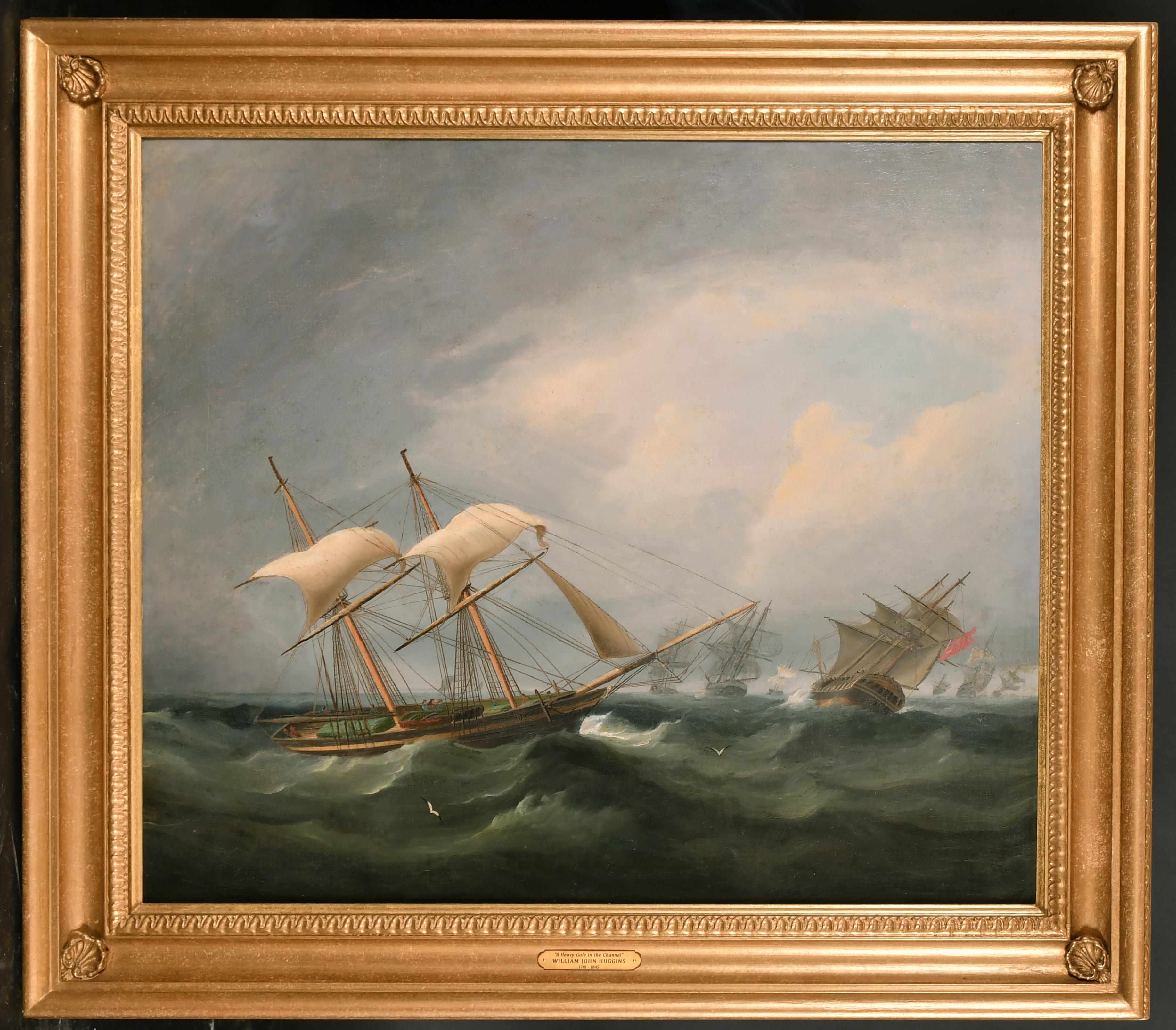 William John Huggins (1781-1845) British. "Heavy Gale In The Channel", Oil on canvas, Inscribed on a - Image 2 of 4