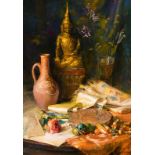 Catherine M Wood (1857-1939) British. Still Life on a Table, Oil on canvas, Signed, 20.5" x 14" (