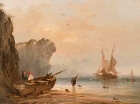 Circle of William Shayer (1787-1879) British. A Beach Scene with Figures by a Boat, Oil on canvas,