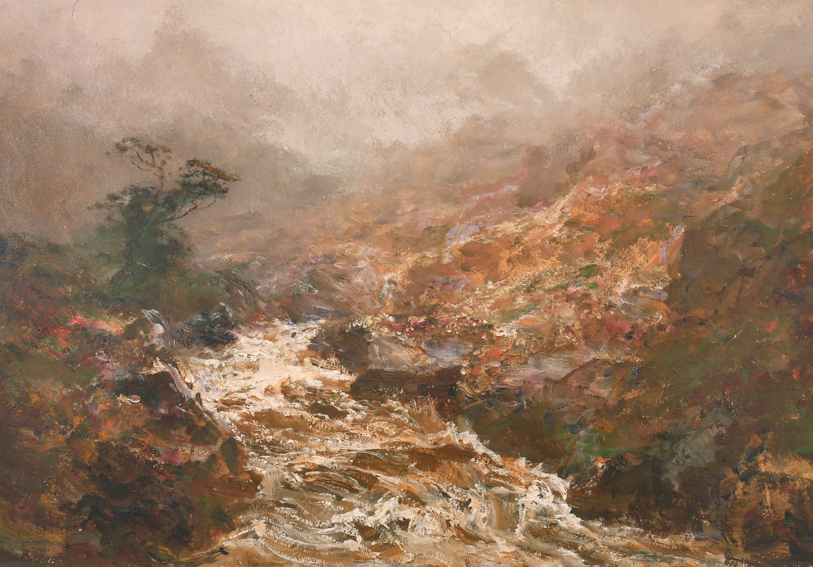 John Falconer Slater (1857-1937) British. A River in Spate, Oil on board, Signed, 15" x 21" (38.1