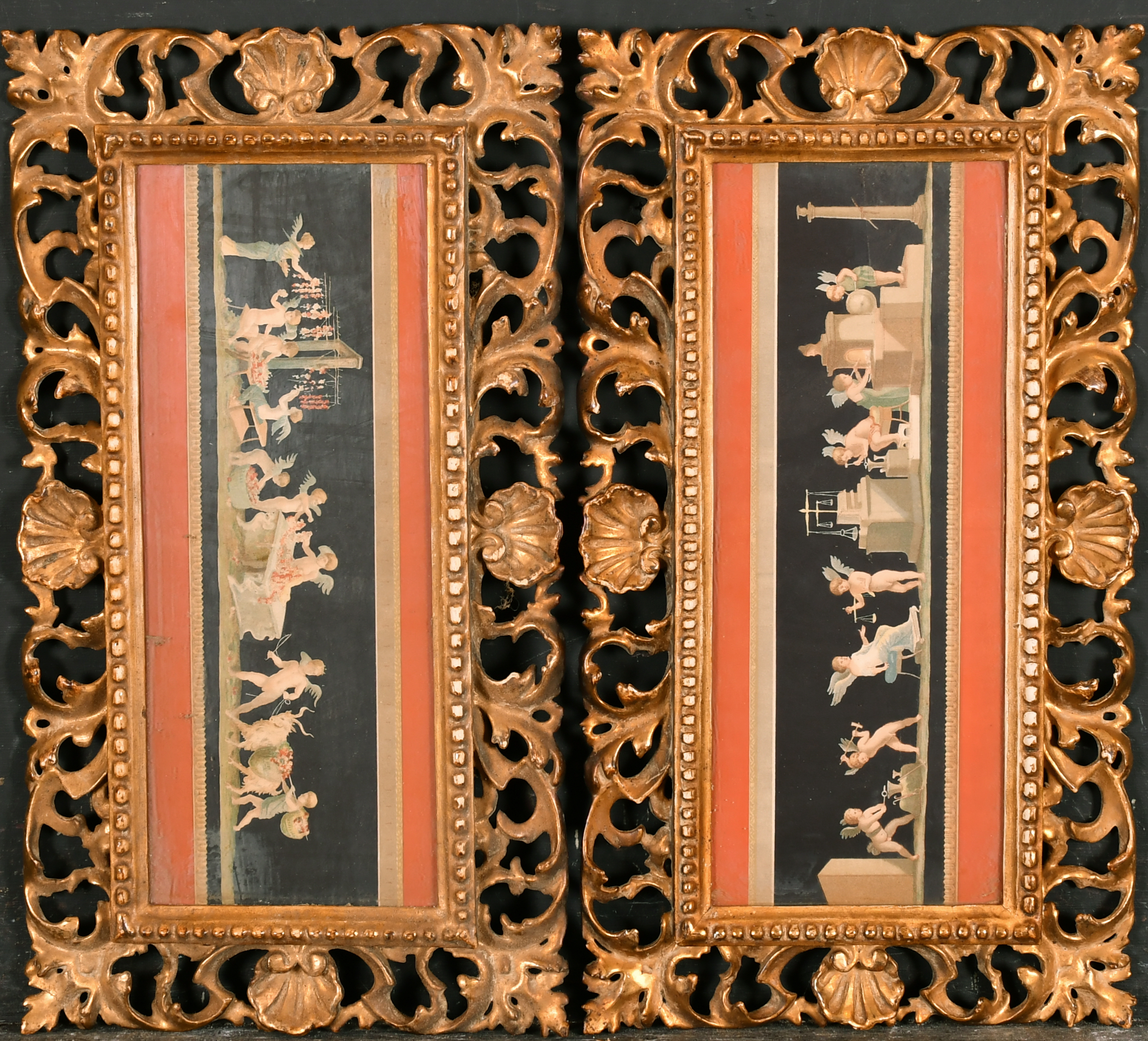 19th Century Italian School. A Pair of Carved Giltwood Florentine Frames, with inset print and - Image 2 of 3