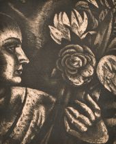 Bela Uitz (1887-1972) Hungarian. A Woman with Roses, Etching, Signed, unframed 16" x 12.5" (40.6 x