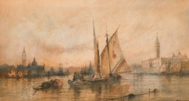 Paul Marny (1829-1914) British. Dusk on The Lagoon, Venice, Watercolour, Signed, 19.5" x 35.5" (59.7