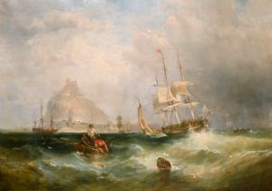 Attributed to John Wilson Carmichael (1800-1868) British. Shipping off St Michael's Mount, Oil on
