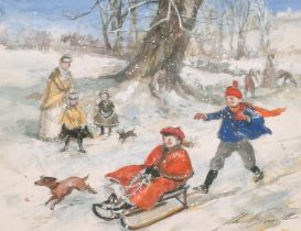 John Strickland Goodall (1908-1996) British. 'Tobogganing', Watercolour, Signed, 5.75" x 7.5" (14.