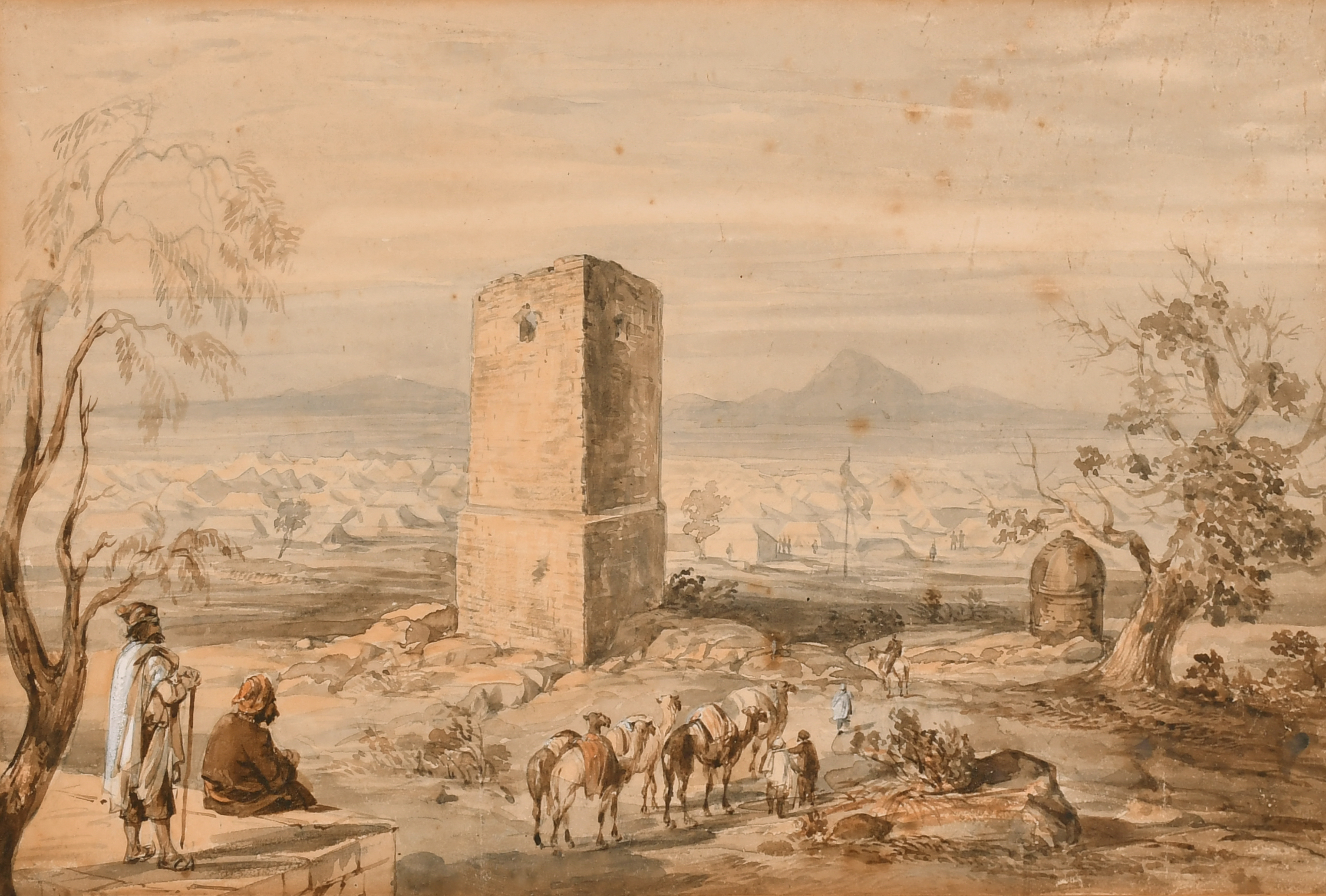 19th Century English School. A Middle Eastern Scene with Figures and Camels, Watercolour, 9" x 13.5"