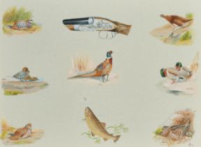 20th Century English School. Vignettes of Birds and Fish with a Stock of a Gun, Watercolour,