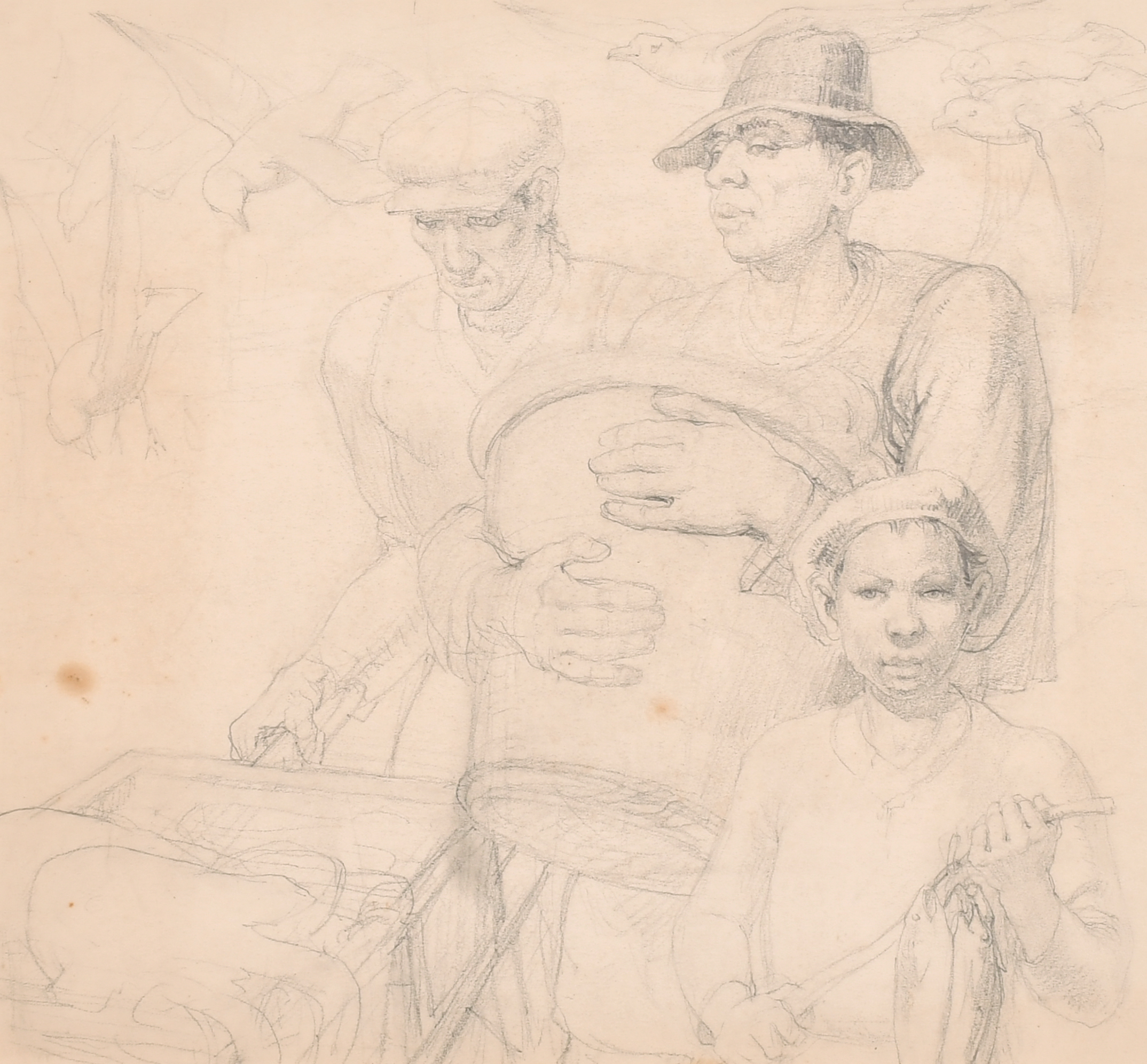 Harold Dearden (1882-1962) British. Study of Farm Workers, Pencil, mounted unframed 11" x 12" (27.