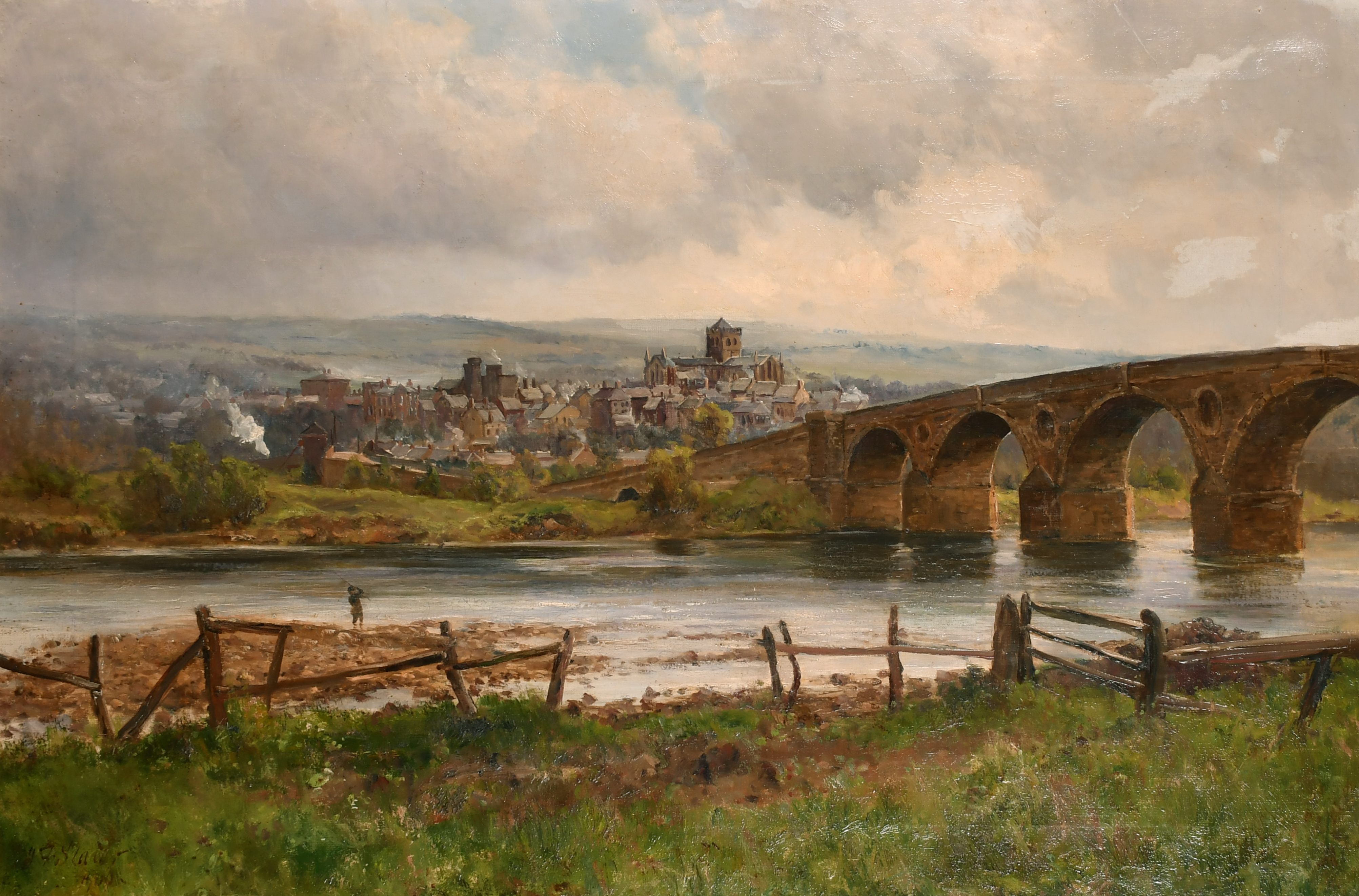 John Falconer Slater (1857-1937) British. A River Scene with a Bridge, with Hexham beyond, Oil on