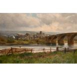 John Falconer Slater (1857-1937) British. A River Scene with a Bridge, with Hexham beyond, Oil on