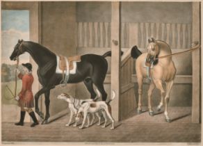 After James Seymour (1702-1752) British. A Jockey with Horses and Dogs in a Stable, Engraved by T