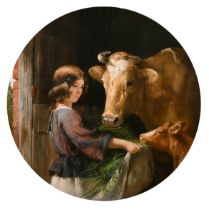 Henry Barraud (1811-1874) British. 'Feeding The Calf', Oil on canvas, Signed, Painted circular 20" x