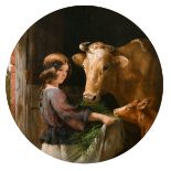 Henry Barraud (1811-1874) British. 'Feeding The Calf', Oil on canvas, Signed, Painted circular 20" x