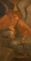 19th Century Italian School. Study of Two Angels, Oil on board, In a domed frame, 16" x 8" (40.6 x
