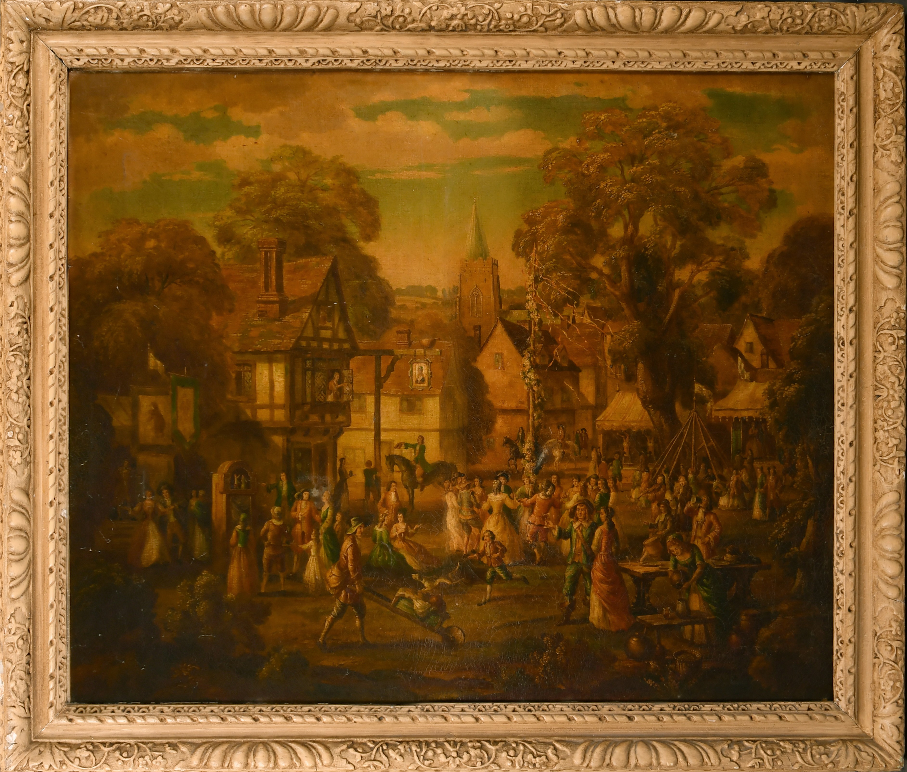 Early 19th Century English School. A Village Fayre with Figures Dancing Round a Maypole, Oil on