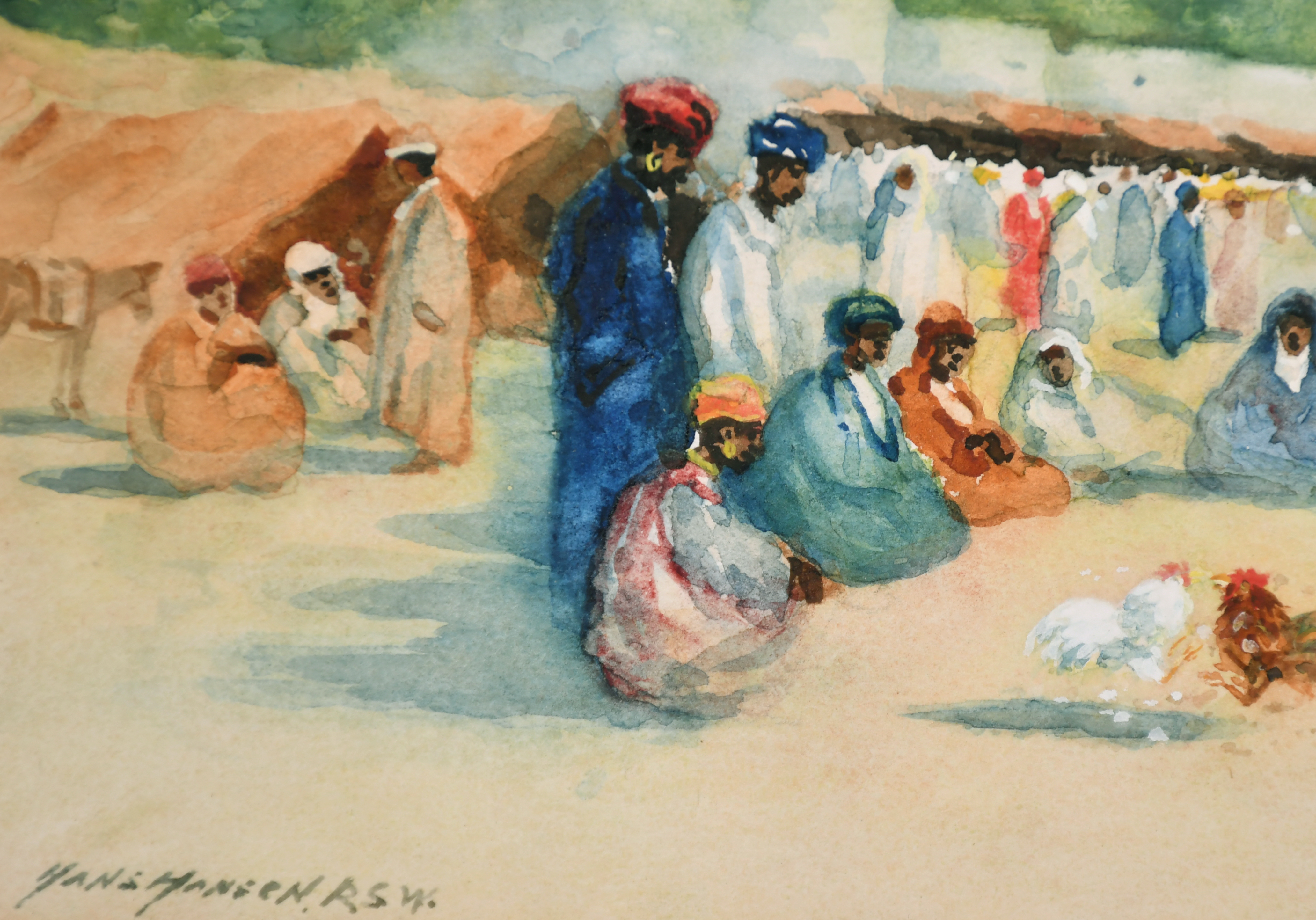 Hans Hansen (1853-1947) British. A Middle Eastern Cock Fighting Scene, Watercolour, Signed, 6.75" - Image 3 of 4