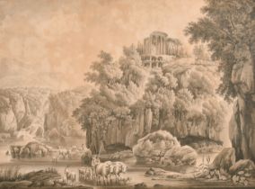 Johann Gottlieb Hackert (1744-1773) German. "A Tivoli", a river landscape with drovers and cattle,