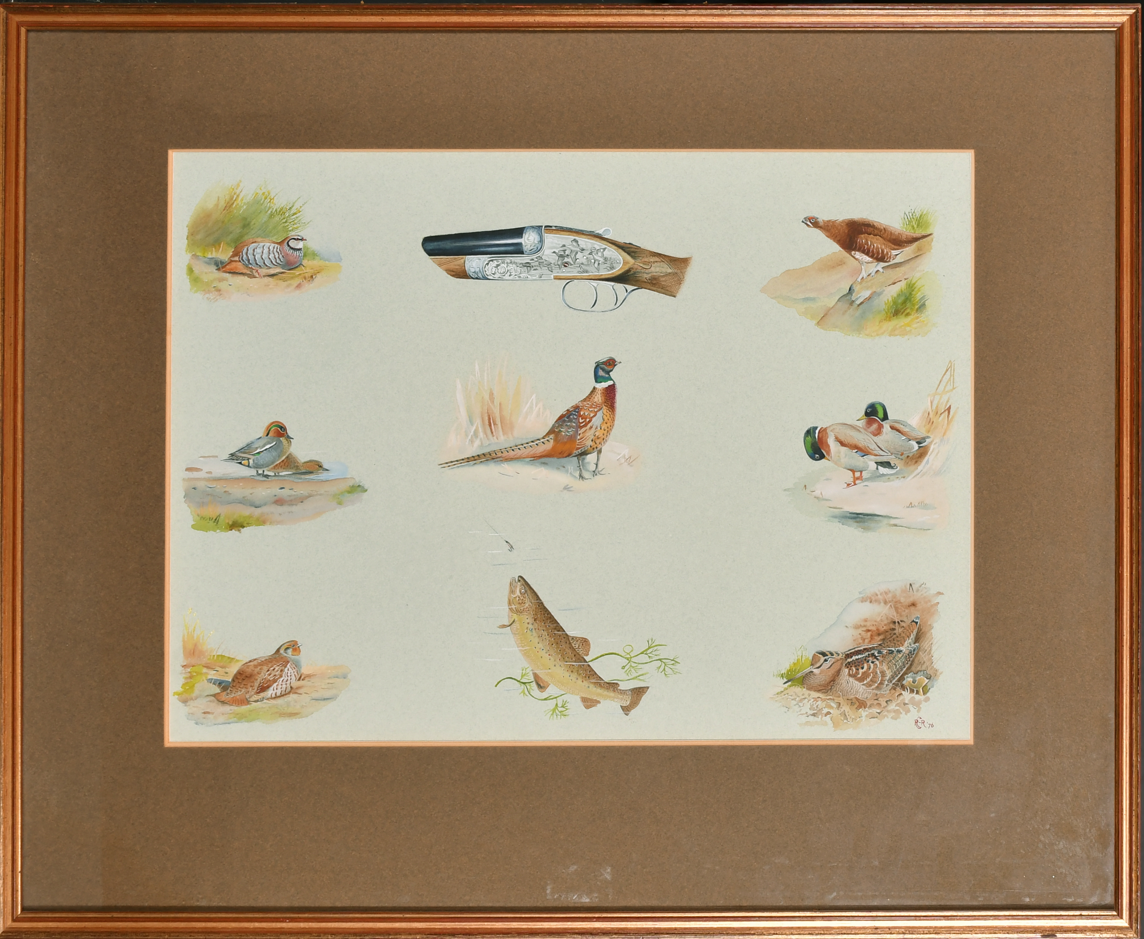 20th Century English School. Vignettes of Birds and Fish with a Stock of a Gun, Watercolour, - Image 2 of 4