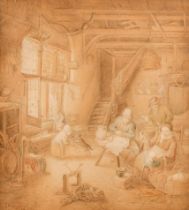 Manner of Isaac van Ostade (1621-1649) Dutch. Figures in an Interior, Watercolour, 12" x 11.25" (