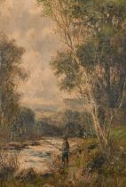 Abraham Hulk Jnr (1851-1922) British. Figure Fishing in a River Landscape, Oil on canvas, Signed,