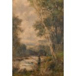 Abraham Hulk Jnr (1851-1922) British. Figure Fishing in a River Landscape, Oil on canvas, Signed,