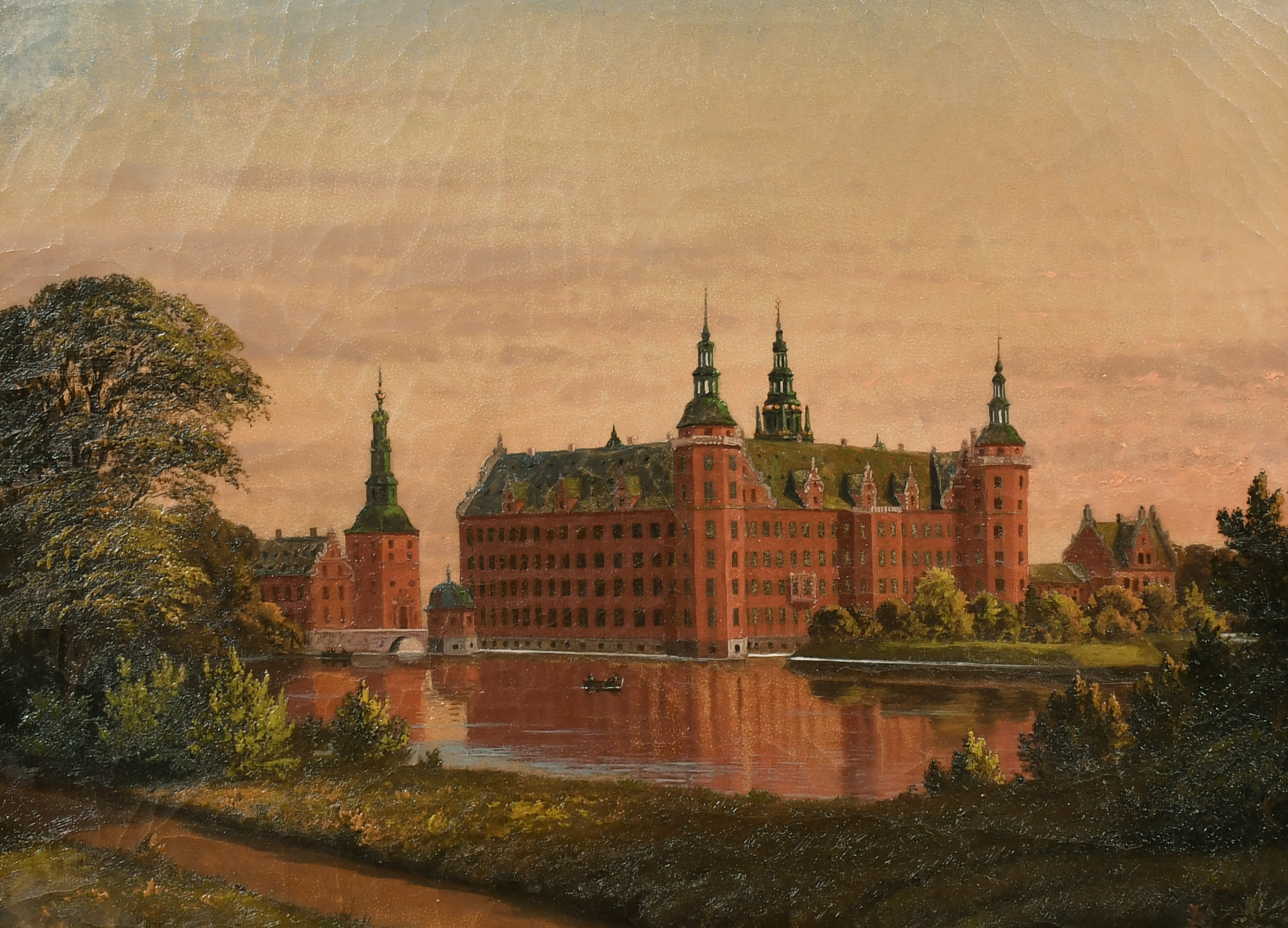 19th Century Danish School. Study of a Castle by a Lake, Oil on canvas, Indistinctly signed, 13.5" x