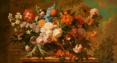 19th Century French School. Still Life of Flowers on a Marble Ledge, Oil on canvas, 30.5" x 55.5" (