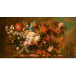 19th Century French School. Still Life of Flowers on a Marble Ledge, Oil on canvas, 30.5" x 55.5" (