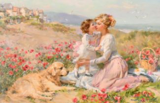 Konstantin Razumov (1974- ) Russian. "Mother and Child in the Dunes", with a Dog, Oil on canvas,