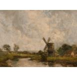 John Falconer Slater (1857-1937) British. A River Scene with a Windmill, Oil on canvas, Signed,