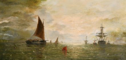 William Adolphus Knell (1801-1875) British. A Shipping Scene, Oil on board, Signed, 12" x 24" (30.