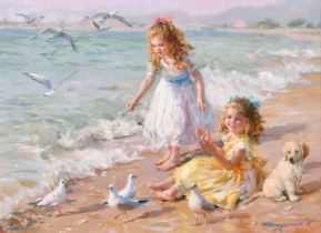 Konstantin Razumov (1974- ) Russian. "The Seagulls", Oil on canvas, Signed in Cyrillic, and signed