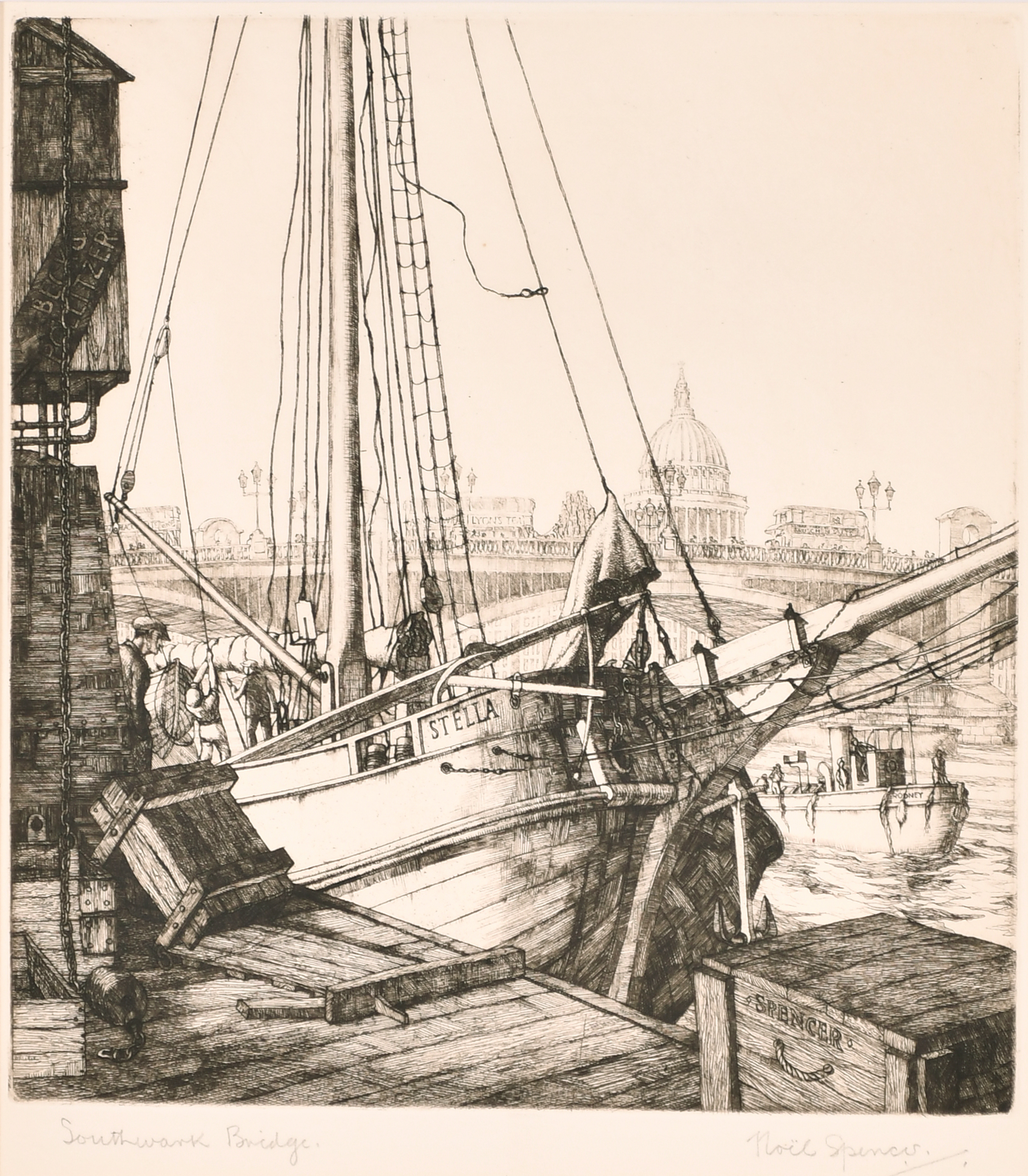 Noel Woodward Spencer (1900-1986) British. Southwark Bridge, Etching c.1928, Signed and inscribed in