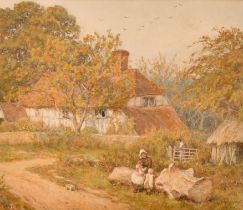 Helen Allingham (1848-1926) British. 'Outside The Cottage, Haslemere', Watercolour, Signed, 6.25"