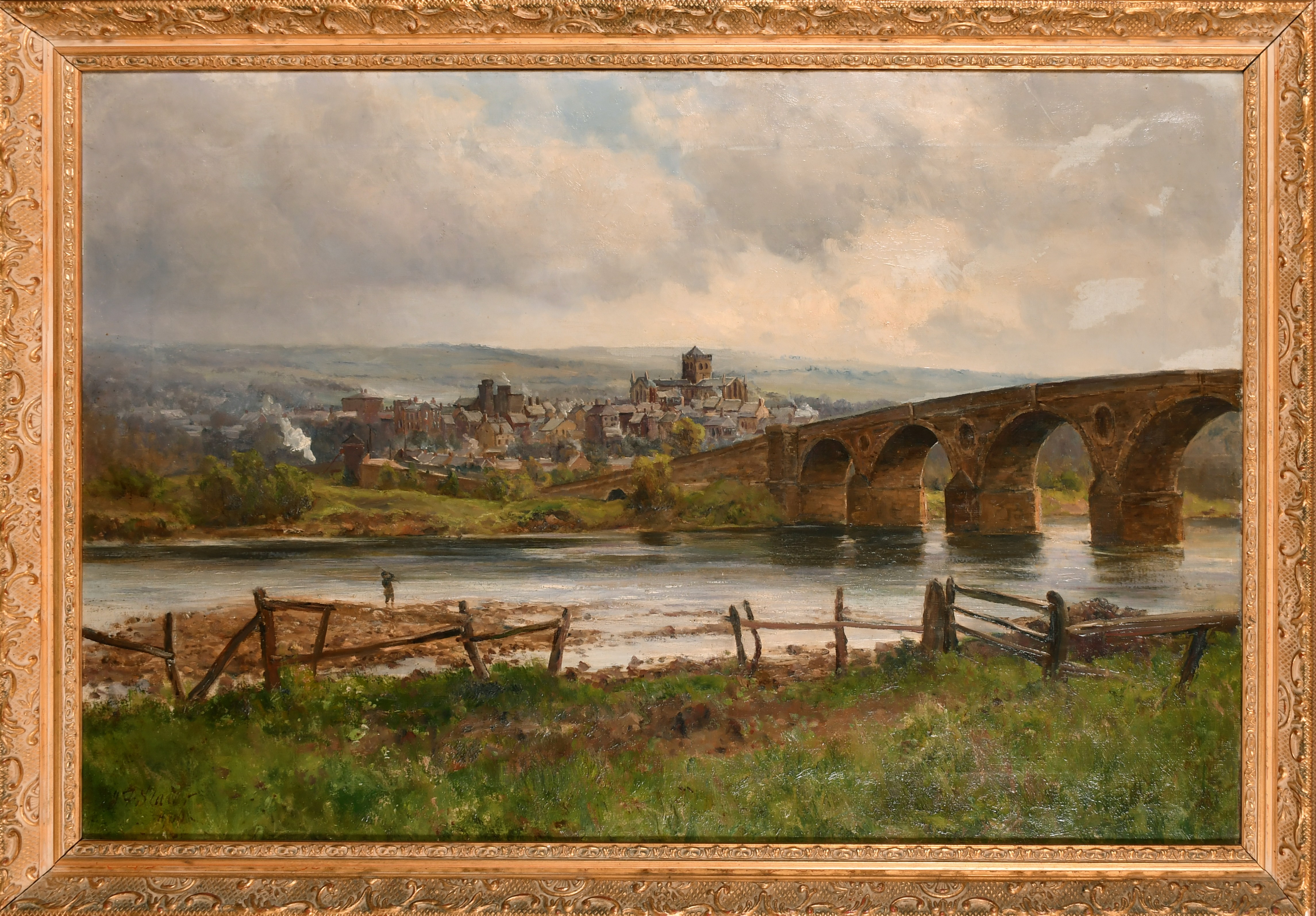 John Falconer Slater (1857-1937) British. A River Scene with a Bridge, with Hexham beyond, Oil on - Image 2 of 4