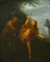 After Hendrick van Balen the Elder (1572-1632) Belgian. "Pan Pursuing Syrinx", Oil on panel, 11" x