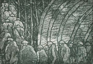 Tom McGuinness (1926-2006) British. "Miners Going Inbye", Etching, Signed, inscribed, dated '77