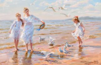 Konstantin Razumov (1974- ) Russian. "Seagulls", Oil on canvas, Signed in Cyrillic, and signed and