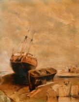 Attributed to Joseph Horlor (1809-1887) British. Beached Vessels, Oil on panel, Inscribed verso, 11"