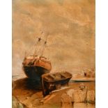 Attributed to Joseph Horlor (1809-1887) British. Beached Vessels, Oil on panel, Inscribed verso, 11"