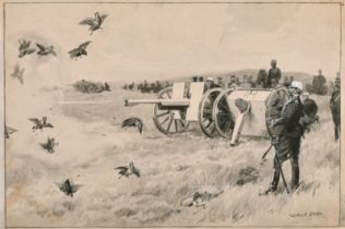 George Soper (1870-1942) British. A Battle Scene with a Canon Hitting a Covey of Birds, Watercolour,