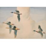 Circle of Philip Rickman (1891-1982) British. Ducks in Flight, Watercolour, 9.5" x 13.75" (24.1 x