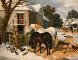 John Frederick Herring Jnr (1815-1907) British. Horses, Ducks and Chickens in a Winter Farmyard, Oil