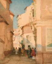 Albert Moulton Foweraker (1873-1942) British. Figures in a Street, Watercolour, Signed, 11" x 8.