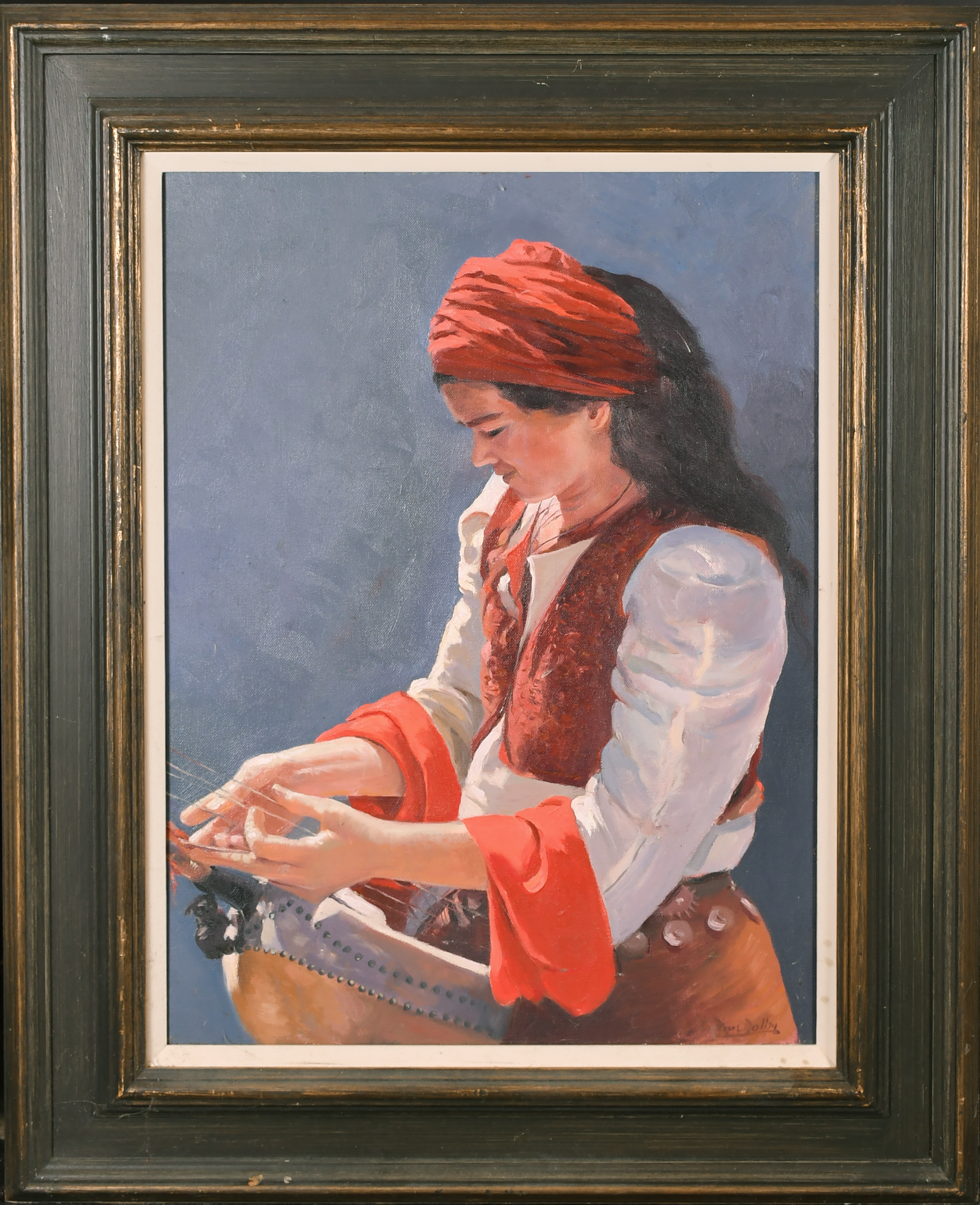 Tim Dolby (1954-2022) British. "The Lute Player", Oil on canvas, Signed, and inscribed verso, 25" - Image 2 of 5