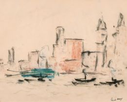 Paul Lucien Maze (1887-1979) French. Boats on a River, Pastel, Signed, 15" x 18.5" (38.1 x 47cm)