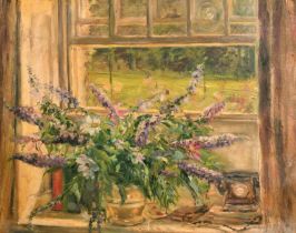 Ella M Johnson (20th-21st Century) British. Buddleias in a Vase, Oil on artist's board, Inscribed on